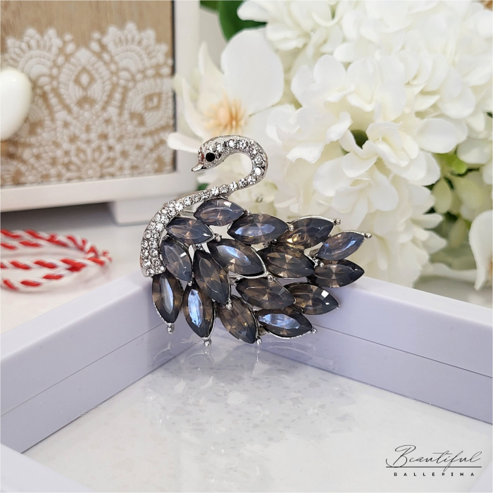 Brosa Martisor, mare - in forma de lebada cu pietre albe si gri grafit [2]