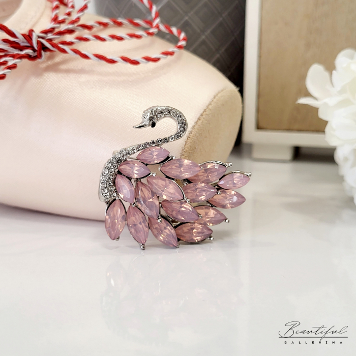 Brosa Martisor, mare - in forma de lebada cu pietre albe si roz migudale [2]