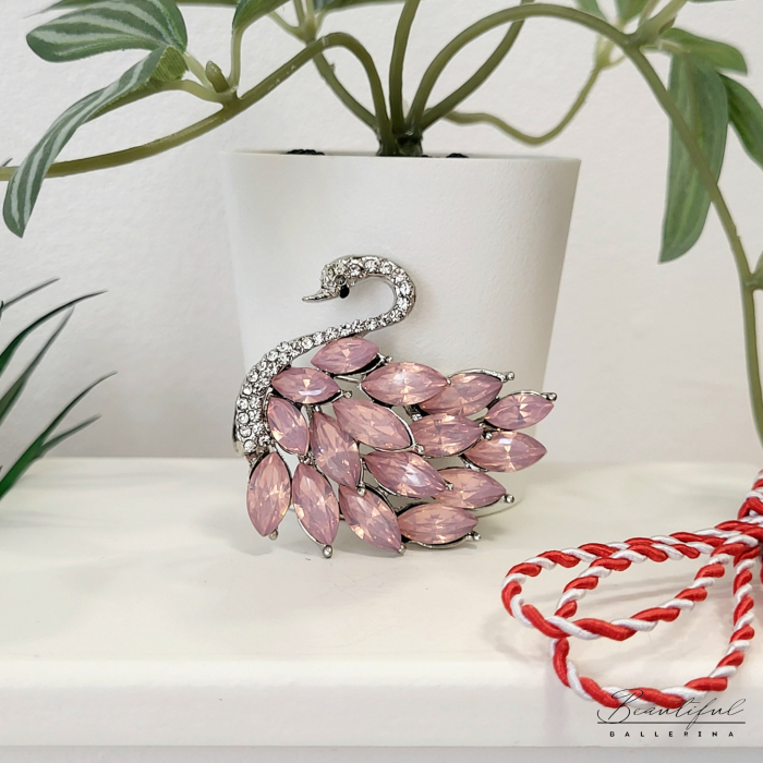 Brosa Martisor, mare - in forma de lebada cu pietre albe si roz migudale [3]