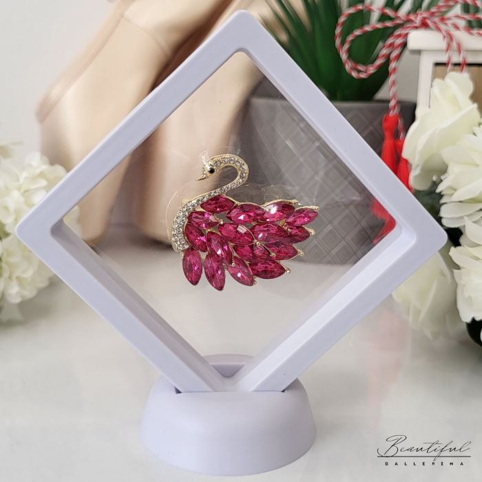 Brosa Martisor - mare, in forma de lebada cu pietre albe si roz [3]