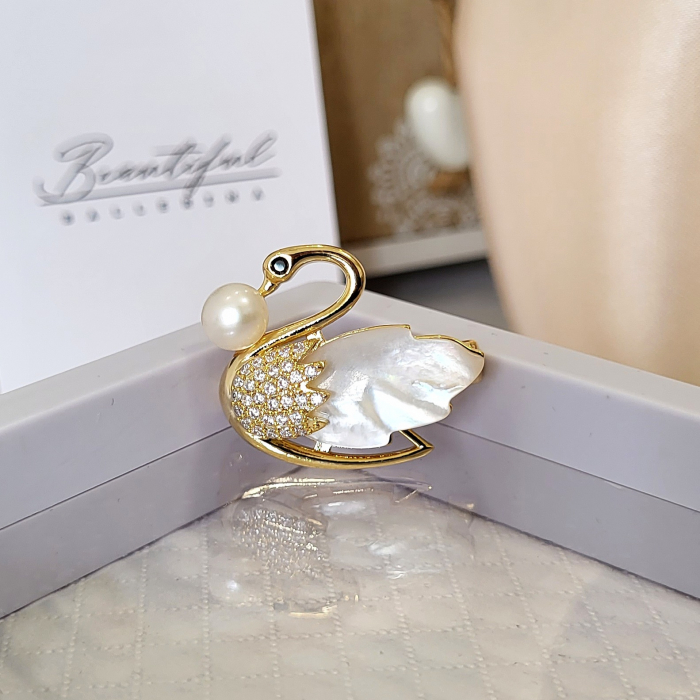 Brosa Premium - placata cu aur, in forma de lebada cu cristale Swarovski, perla naturala si opal [5]