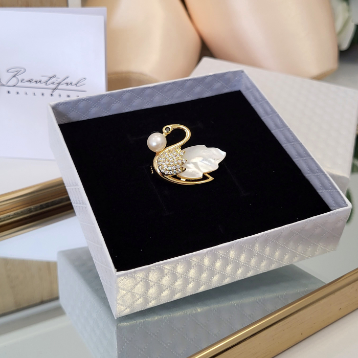 Brosa Premium - placata cu aur, in forma de lebada cu cristale Swarovski, perla naturala si opal [3]