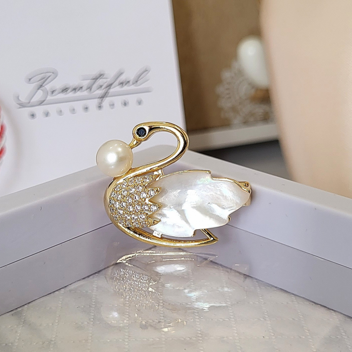 Brosa Premium - placata cu aur, in forma de lebada cu cristale Swarovski, perla naturala si opal [2]