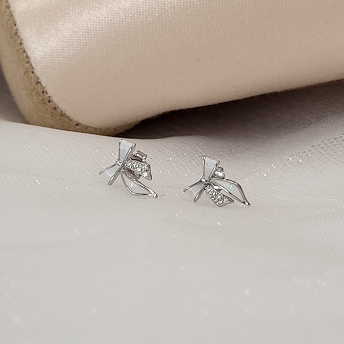 Cercei din Argint 925, Model Fundiță (Fiocco), cu Sidef (Mother of Pearl) și Zirconii Albe [6]