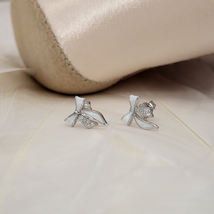 Cercei din Argint 925, Model Fundiță (Fiocco), cu Sidef (Mother of Pearl) și Zirconii Albe [5]