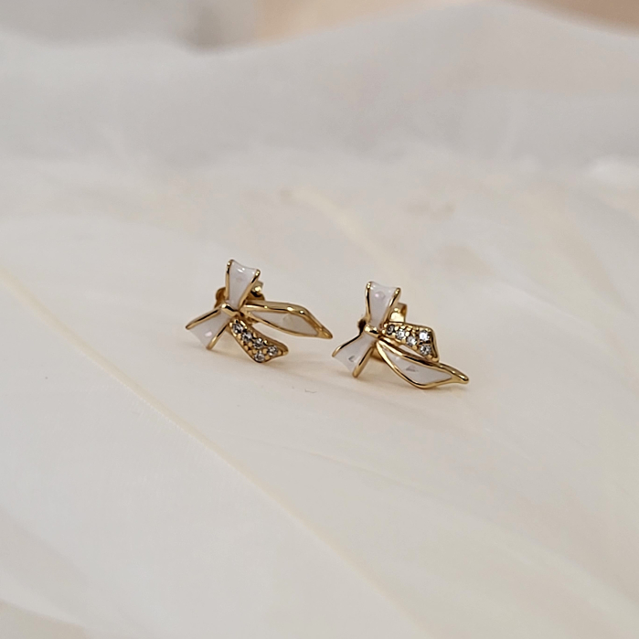 Cercei din Argint 925 Placați cu Aur 14k, Model Fundiță (Fiocco), cu Sidef și Zirconii Albe [3]