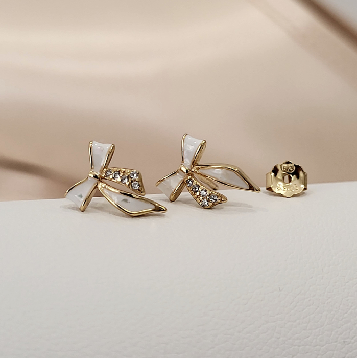 Cercei din Argint 925 Placați cu Aur 14k, Model Fundiță (Fiocco), cu Sidef și Zirconii Albe [6]