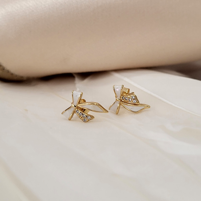 Cercei din Argint 925 Placați cu Aur 14k, Model Fundiță (Fiocco), cu Sidef și Zirconii Albe [2]