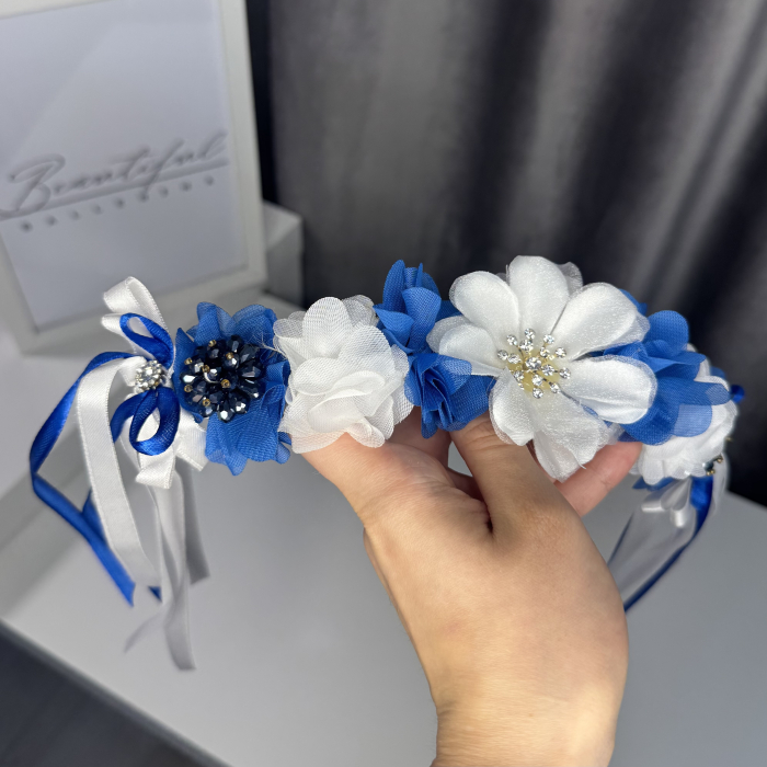 Flowers pro Headpiece - royal blue, white. Acesoriu profesional flori pentru coc de balerine [2]