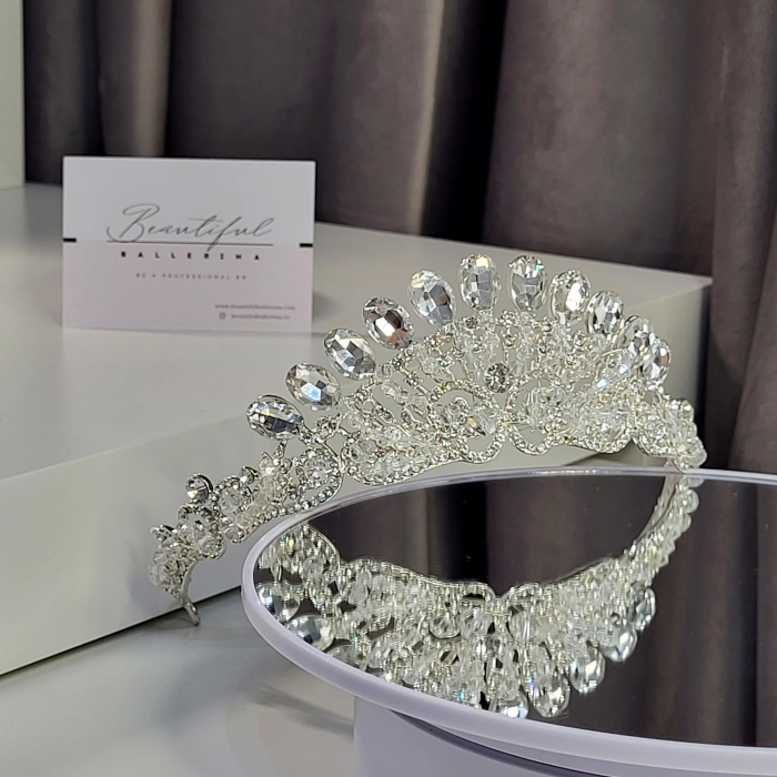 Tiara Coronita Standard - Premium, alb - argintiu - decorata cu cristale albe, balet [3]