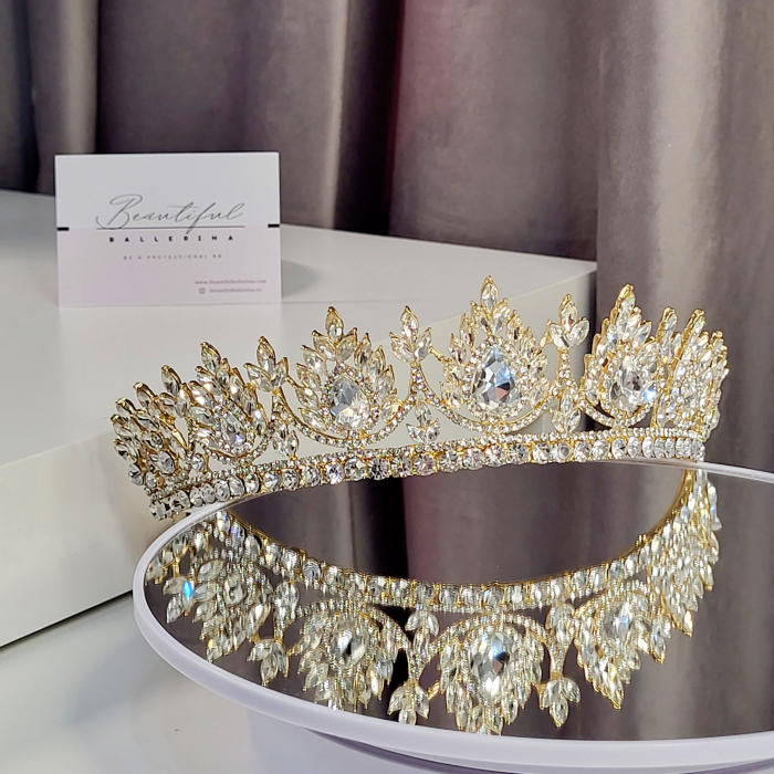 Tiara Coronita Standard - Premium, alb - aurie - decorata cu cristale albe, balet [4]