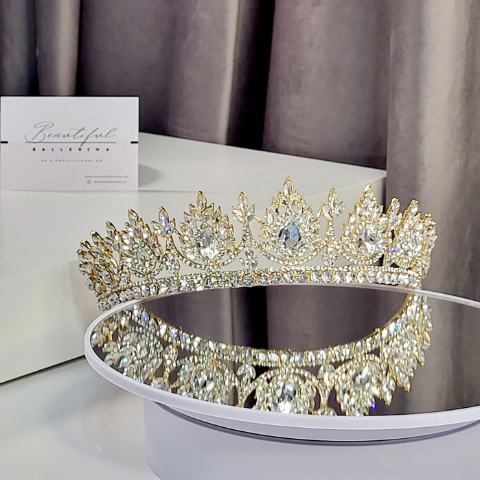 Tiara Coronita Standard - Premium, alb - aurie - decorata cu cristale albe, balet [3]