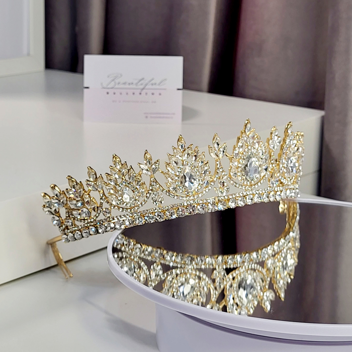 Tiara Coronita Standard - Premium, alb - aurie - decorata cu cristale albe, balet [2]