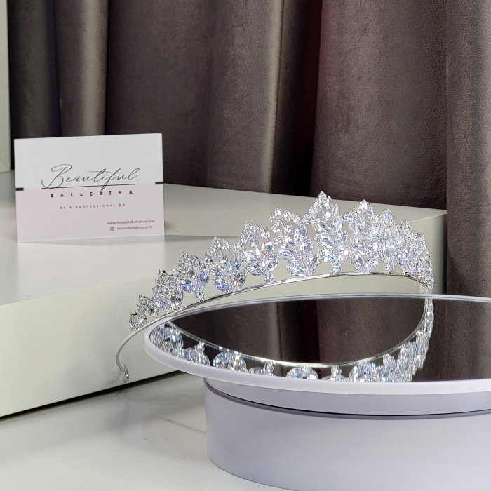 Tiara Coronita Standard - Premium, alb cu argintiu - decorata cu cristale albe, balet [2]