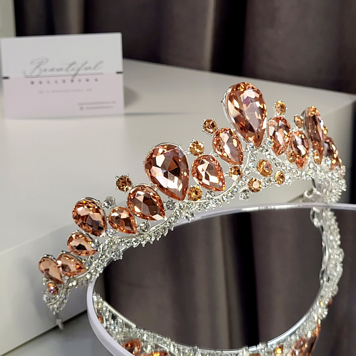 Tiara Coronita Standard - Premium, corai - argintiu - decorata cu cristale corai si albe, balet [3]