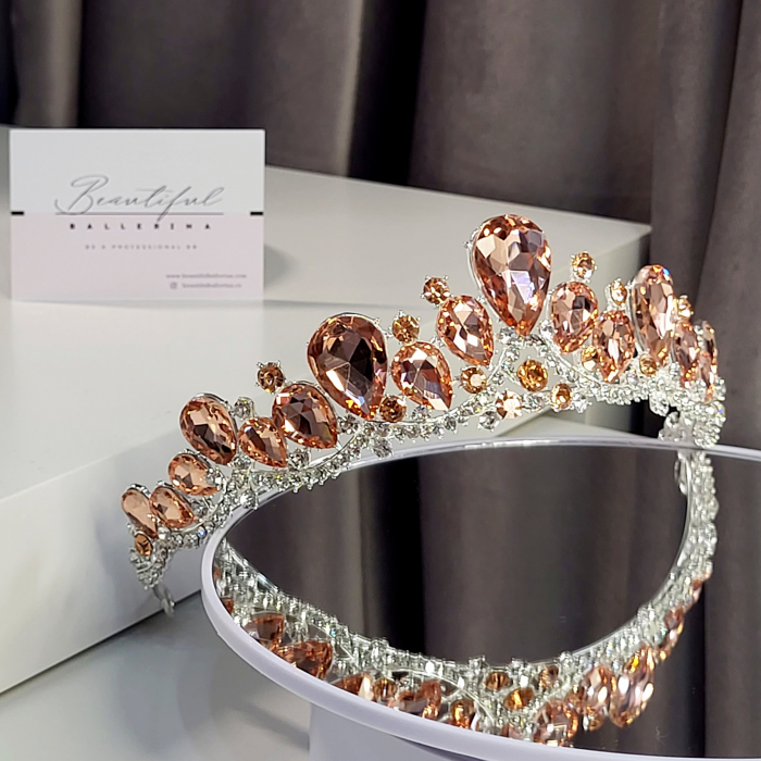 Tiara Coronita Standard - Premium, corai - argintiu - decorata cu cristale corai si albe, balet [6]