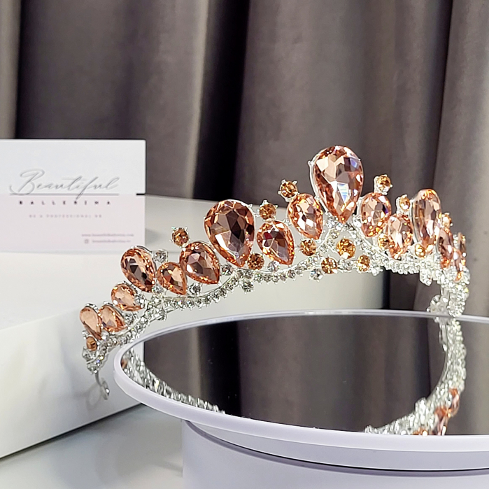 Tiara Coronita Standard - Premium, corai - argintiu - decorata cu cristale corai si albe, balet [2]
