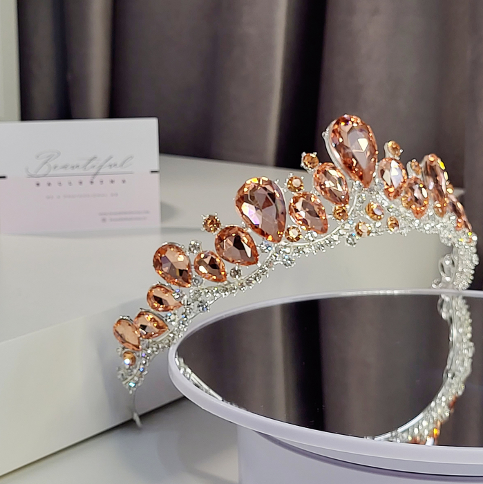 Tiara Coronita Standard - Premium, corai - argintiu - decorata cu cristale corai si albe, balet [5]