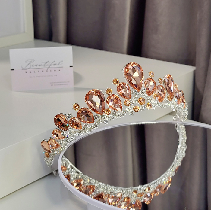 Tiara Coronita Standard - Premium, corai - argintiu - decorata cu cristale corai si albe, balet [4]