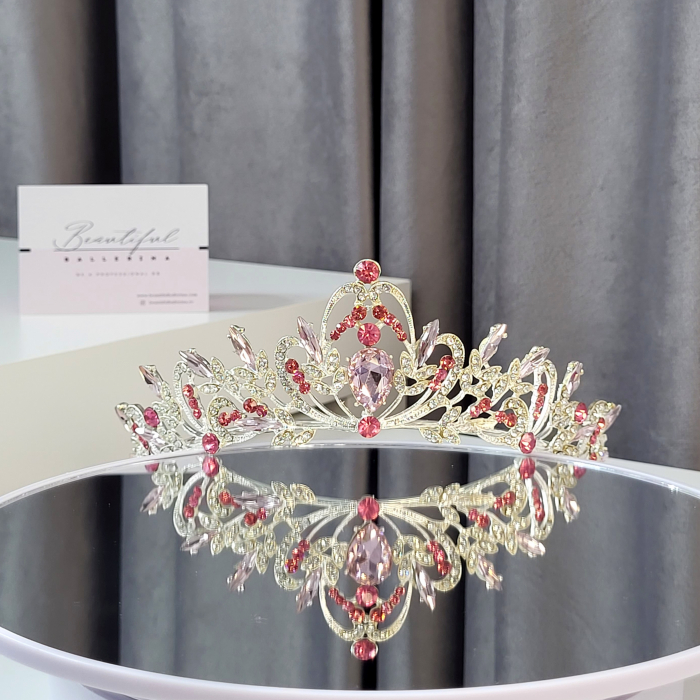 Tiara Standard -Premium, roz - argintie - decorata cu cristale roz si albe, balet [2]