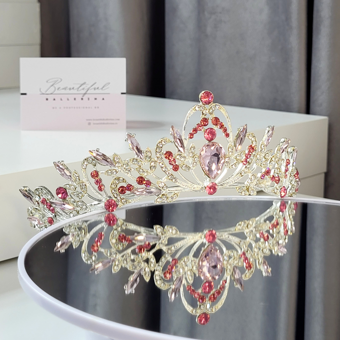 Tiara Standard -Premium, roz - argintie - decorata cu cristale roz si albe, balet [5]