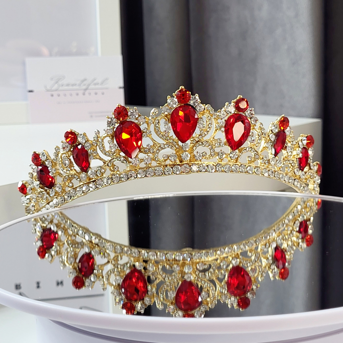 Tiara Coronita Standard - Premium, rosie - aurie - decorata cu cristale rosii si albe, balet [3]
