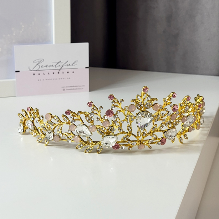 Tiara Standard - Premium, roz - aurie - decorata cu cristale roz si albe, balet [3]