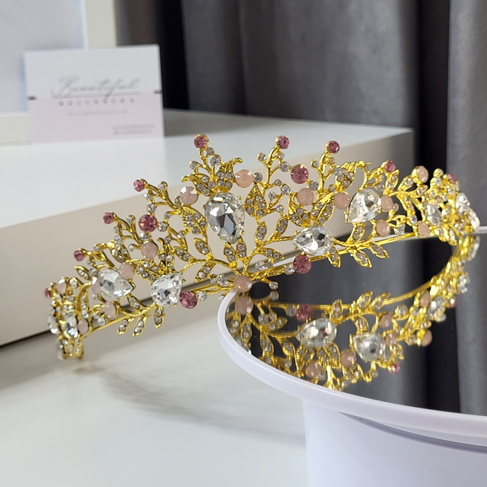 Tiara Standard - Premium, roz - aurie - decorata cu cristale roz si albe, balet [2]