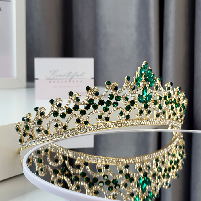Tiara Standard - Premium, verde - aurie - decorata cu cristale verzi si albe, balet [5]