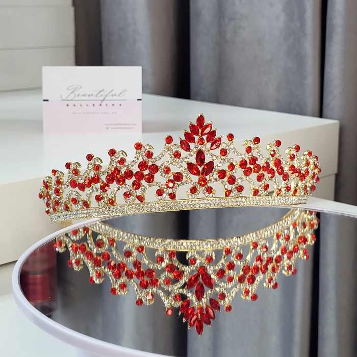 Tiara Standard - Premium, rosie - aurie - decorata cu cristale rosii si albe, balet [2]