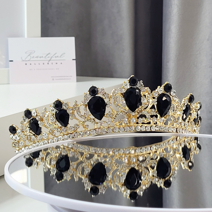 Tiara Coronita Standard - Premium, negru - aurie - decorata cu cristale negre si albe, balet [5]