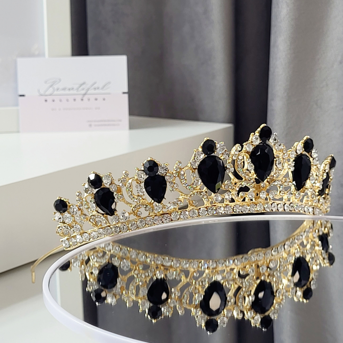 Tiara Coronita Standard - Premium, negru - aurie - decorata cu cristale negre si albe, balet [3]