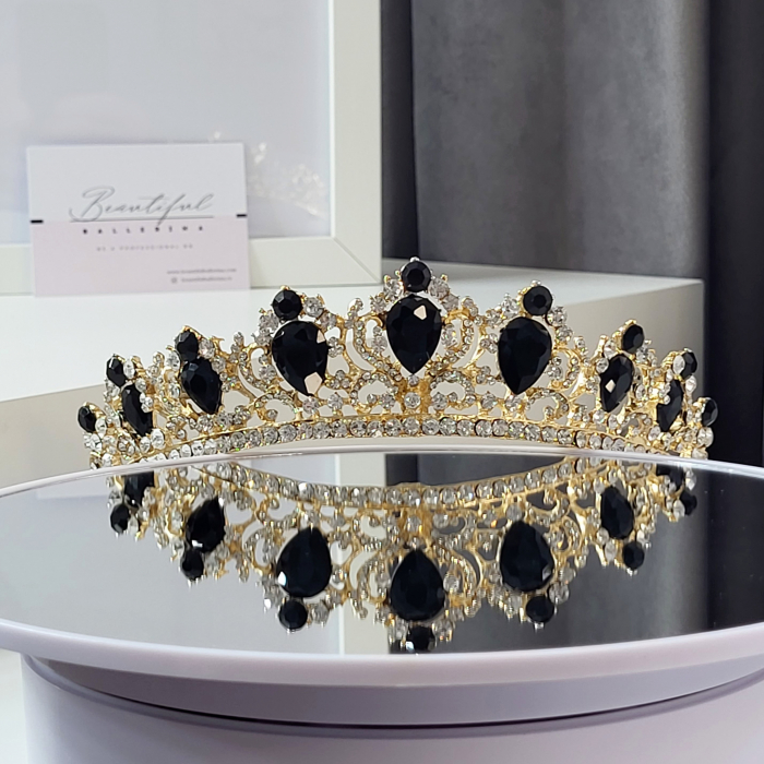 Tiara Coronita Standard - Premium, negru - aurie - decorata cu cristale negre si albe, balet [2]
