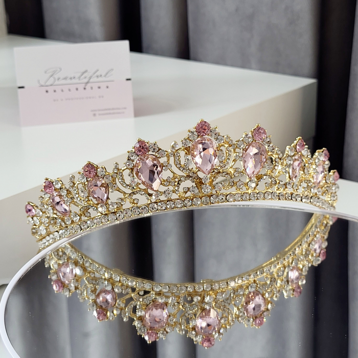 Tiara Coronita Standard - Premium, roz - aurie - decorata cu cristale roz si albe, balet [3]