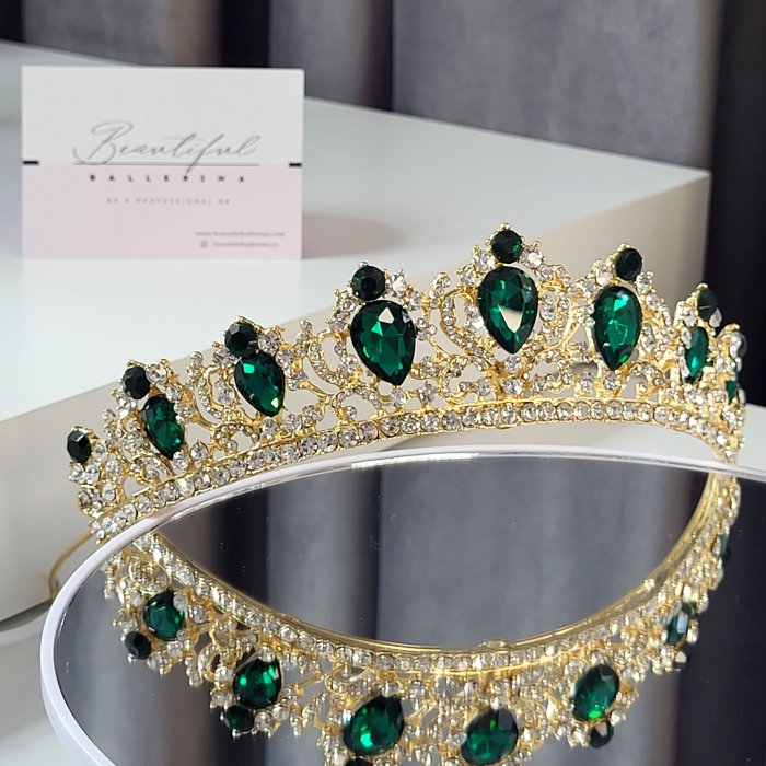 Tiara Standard - Premium, verde - aurie - decorata cu cristale verzi si albe, balet [3]