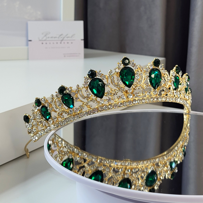 Tiara Standard - Premium, verde - aurie - decorata cu cristale verzi si albe, balet [4]
