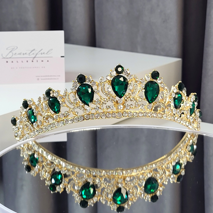 Tiara Standard - Premium, verde - aurie - decorata cu cristale verzi si albe, balet [2]