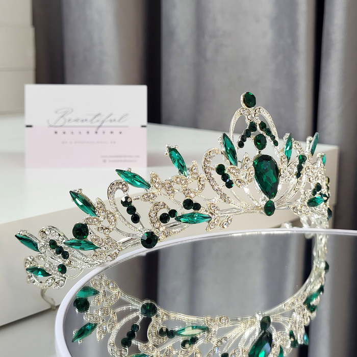Tiara Standard - Premium, verde - argintie - decorata cu cristale verzi si albe, balet [5]