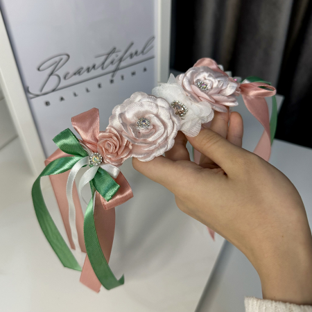 Flowers pro Headpiece - pink , white , green. Acesoriu profesional flori pentru coc de balerine [4]