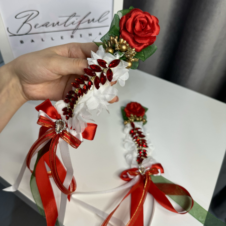 Flori / Flowers - 2 piece - Flower Pro Headpiece - red, green, white - La Fille Mal Gardee