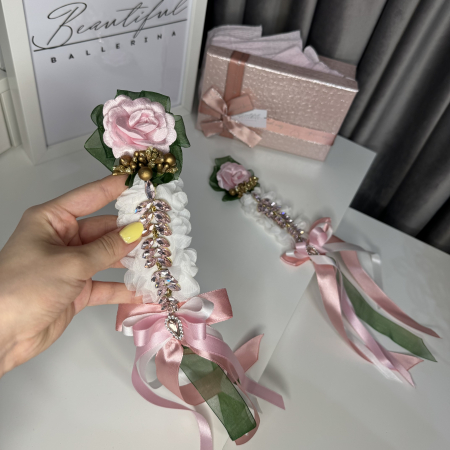 Flori / Flowers - 2 piece - Flower Pro Headpiece - pink, green, white - La Fille Mal Gardee