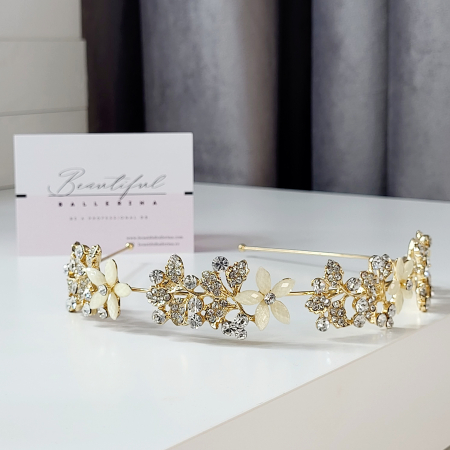 Tiare/Coronite Standard - Accesoriu pentru par - Flower Dancing, gold decorata cu cristale albe