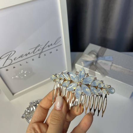 Accesoriu - pieptene cu cristale strălucitoare - floare - alb-sidefat [1]