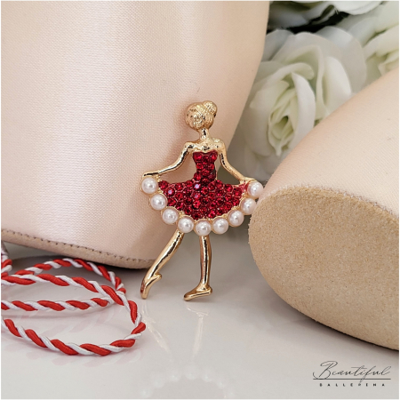 MARTIE - MARTISOR - Brosa Martisor - in forma de balerina cu pietre rosii si perlute