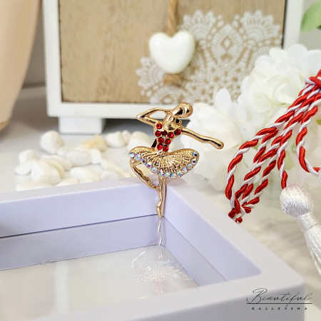 MARTIE - MARTISOR - Brosa Martisor - in forma de balerina cu pietre rosii si albe-multicolor