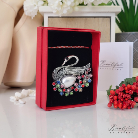 Brosa Martisor - in forma de lebada cu pietre multicolor si perla [3]