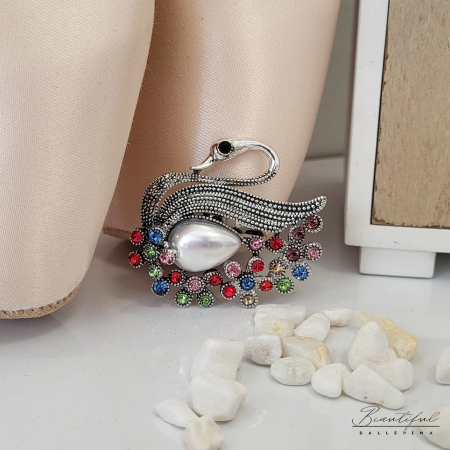 Brosa Martisor - in forma de lebada cu pietre multicolor si perla [2]