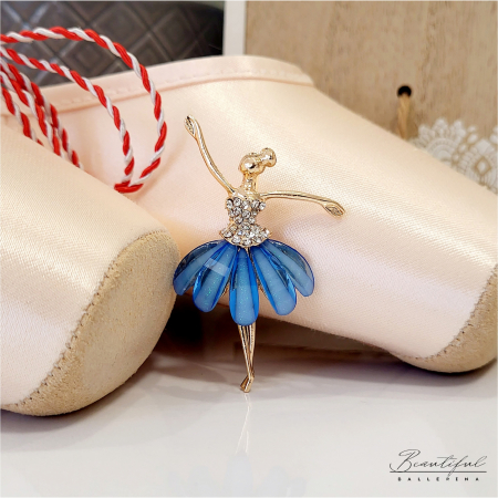 MARTIE - MARTISOR - Brosa Martisor, mare - in forma de balerina cu pietre albe si petale sidefate blue pe tutu