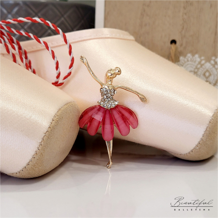 MARTIE - MARTISOR - Brosa Martisor, mare - in forma de balerina cu pietre albe si petale sidefate roz pe tutu