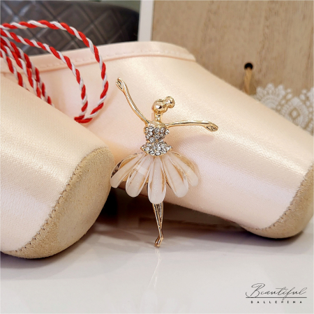 MARTIE - MARTISOR - Brosa Martisor, mare - in forma de balerina cu pietre albe si petale sidefate alb/crem pe tutu